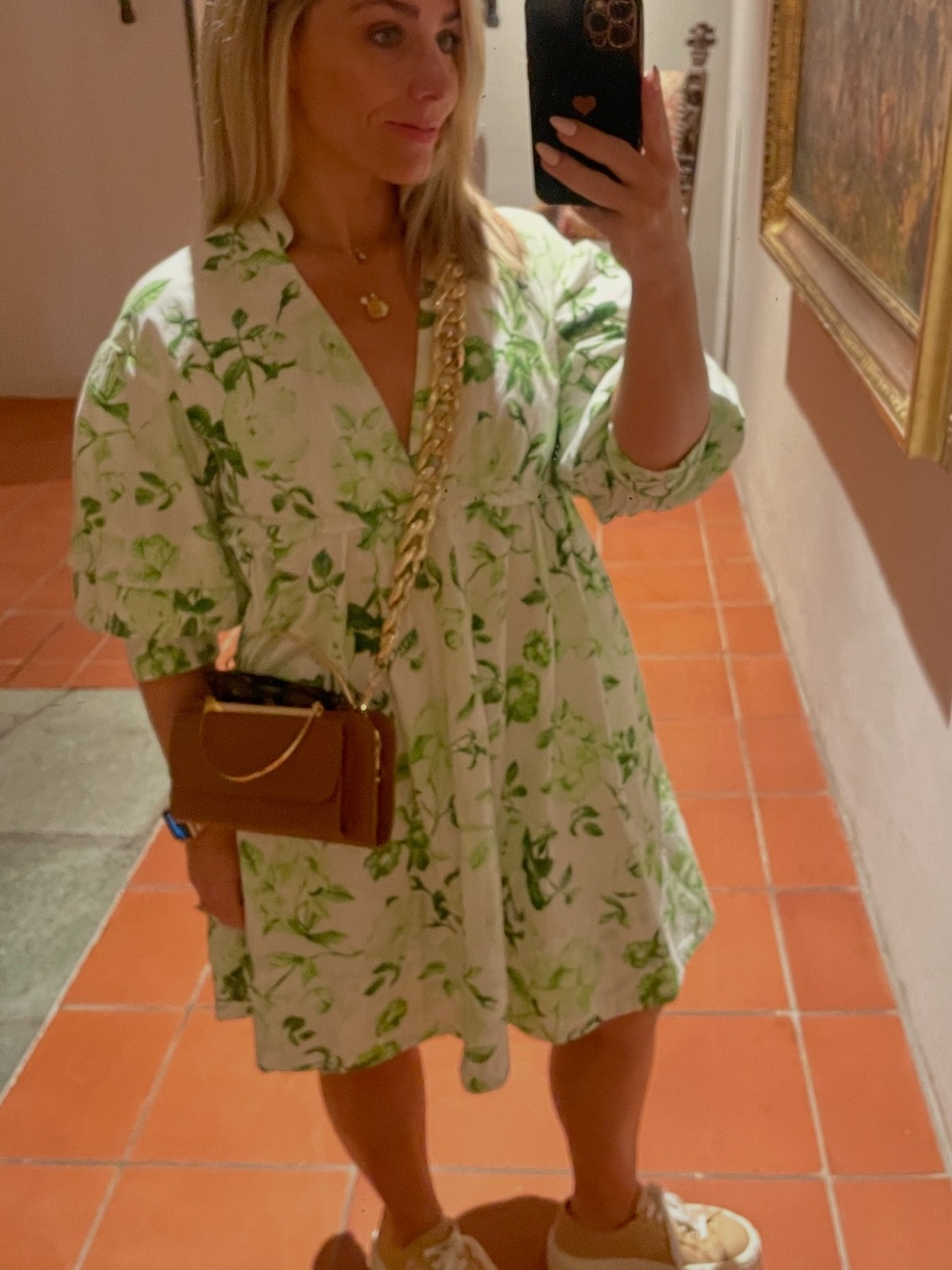 Anthropologie White Mini Dress with Green Floral Print